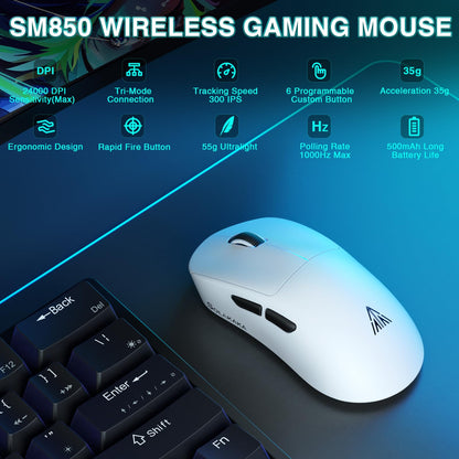 CORBOBO Wireless Gaming Mouse SM850 - 24000 DPI, Ergonomic, Lightweight, White, BT5.1/2.4G/Wired for PC, Mac, Linux