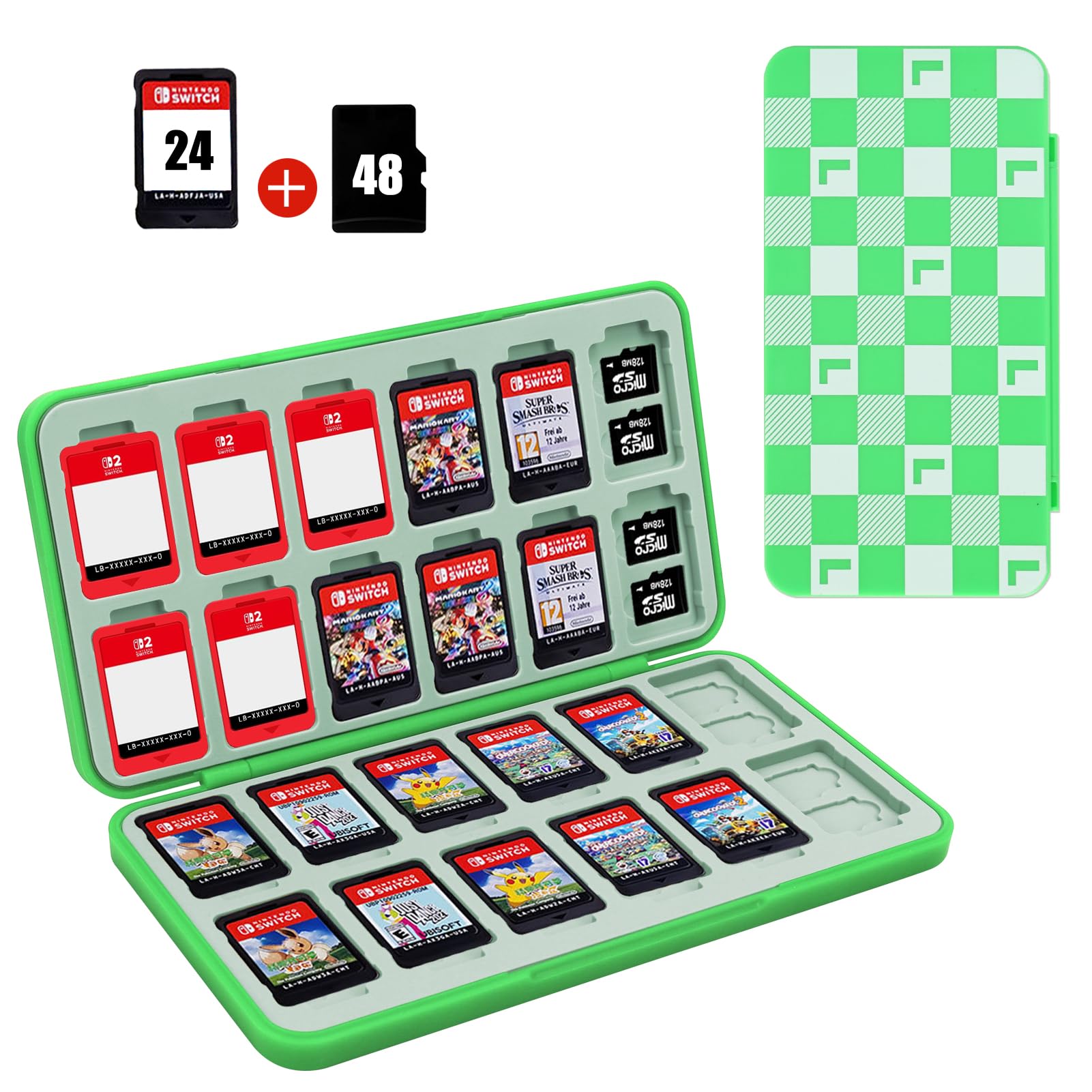 FYY Nintendo Switch Game Case Holder for Switch 2 Cartridge Case with 24 Game Card Slots & 48 Micro SD Card Slots  Hard Shell  Silicone Lining Green L Pattern