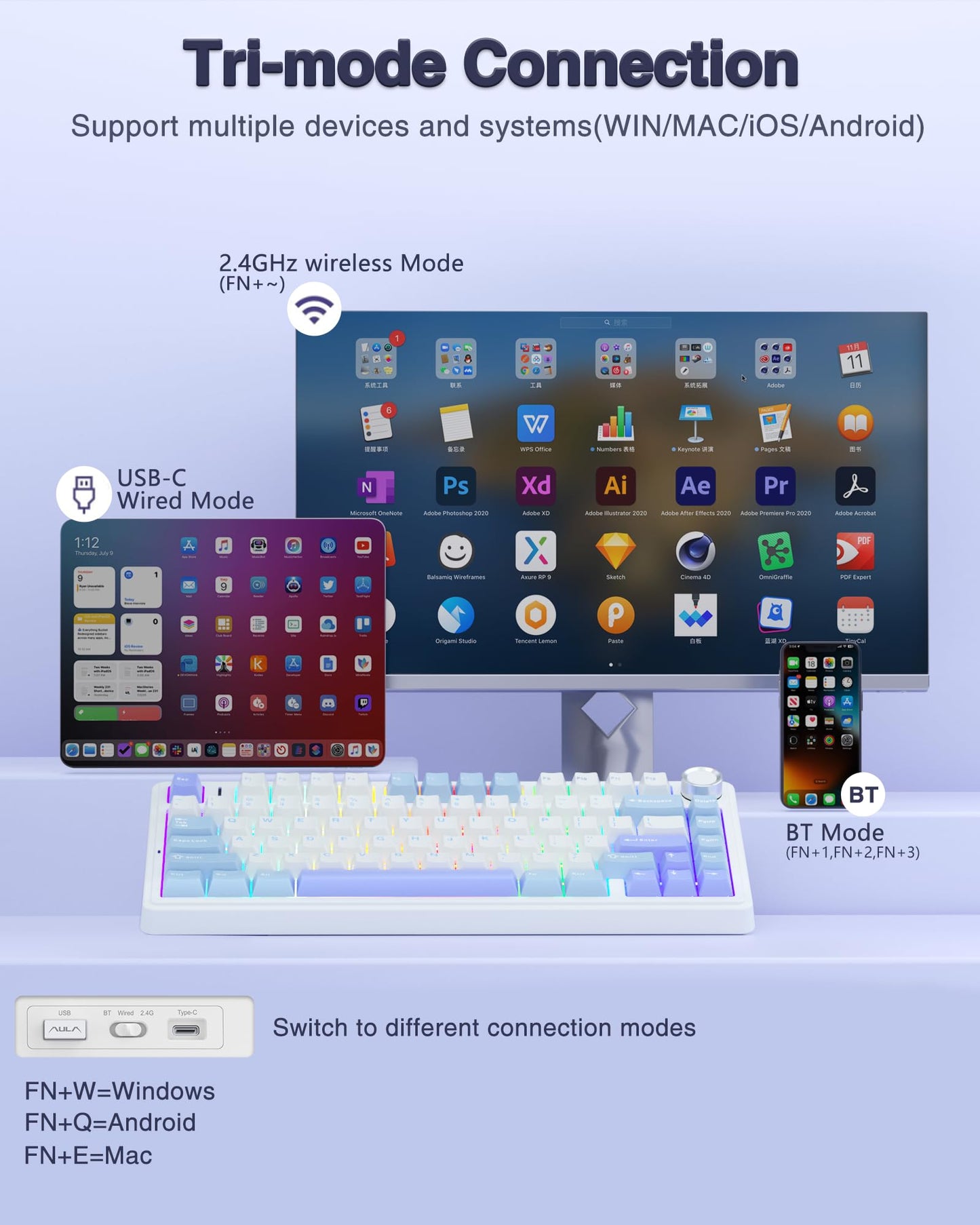 AULA F75 Wireless Mechanical Gaming Keyboard - Hot Swappable, RGB Backlit, 2.4GHz/Type-C/BT5.0, White/Blue/Purple