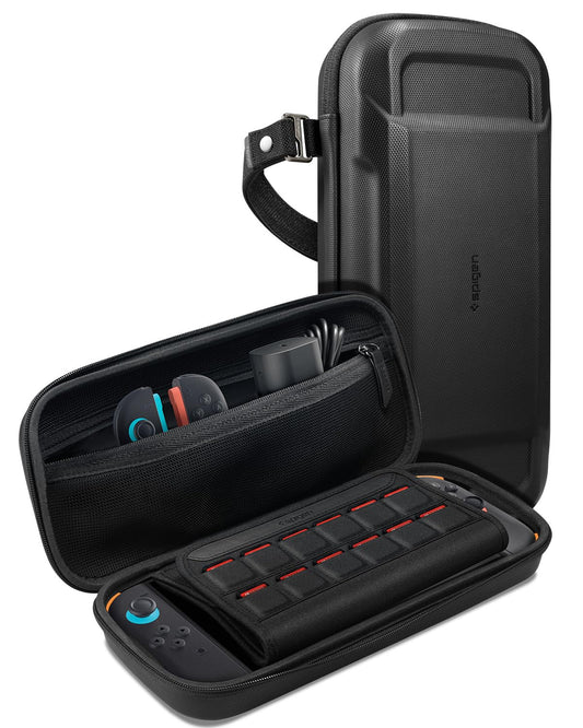 Spigen Rugged Armor Pro Carrying Pouch Case for Nintendo Switch 2 (2025)  Protective Portable EVA Hard Shell  Pockets for Accessories  6 Game Cartridges  Charger Storage Bag & AirTag Holder - Black