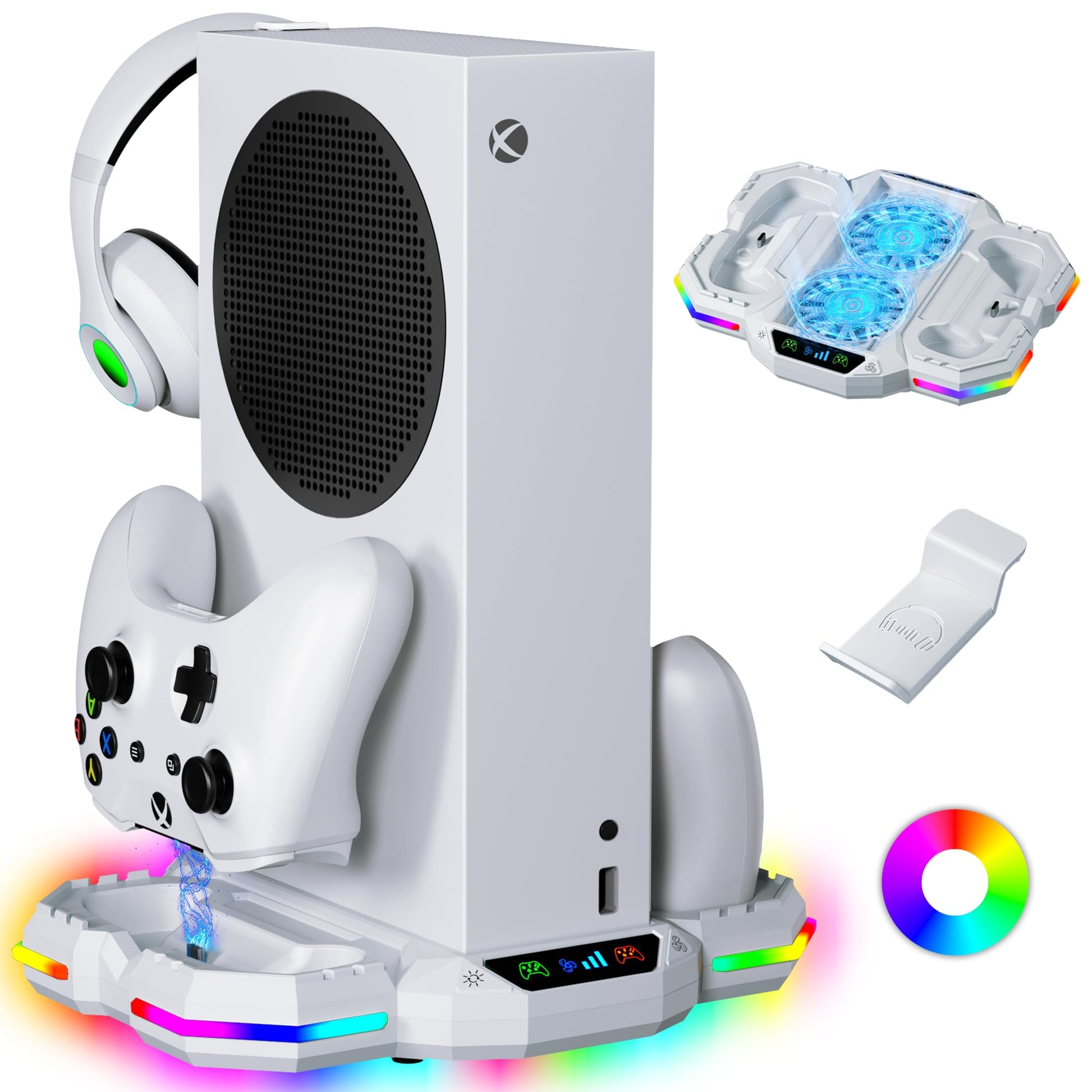 ZAONOOL Xbox Series S Cooling Stand with Dual Controller Charger, 13 RGB Lights, Headphone Holder, 2 USB Ports, White