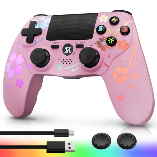 Kujian Wireless Controller for PS4 with RGB LED Modes  Gaming Remote with USB-C Charge Cable/Dual Shock/6-Axis Gyro/3.5mm Audio Jack/Speaker  Gaming Controller for Playstation 4/PS3(Pink)