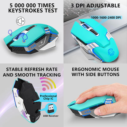 SHUNJINRUN Green Wireless Gaming Mouse - Bluetooth 3-Modes, RGB Backlit, Silent Click, Model SJR343 for Laptop, PC, MacBook, iPad