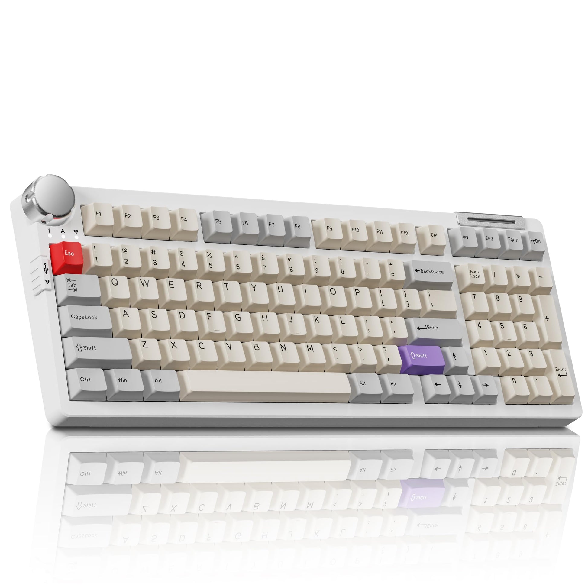 ZORNHER ZH980 Pro Wireless Mechanical Keyboard with Metal Knob 95% Gaming Keyboard with Number Creamy Keyboard with Number Pad Hot Swappable Cream Switches QMK/VIA Support for Win/Mac  Retro White