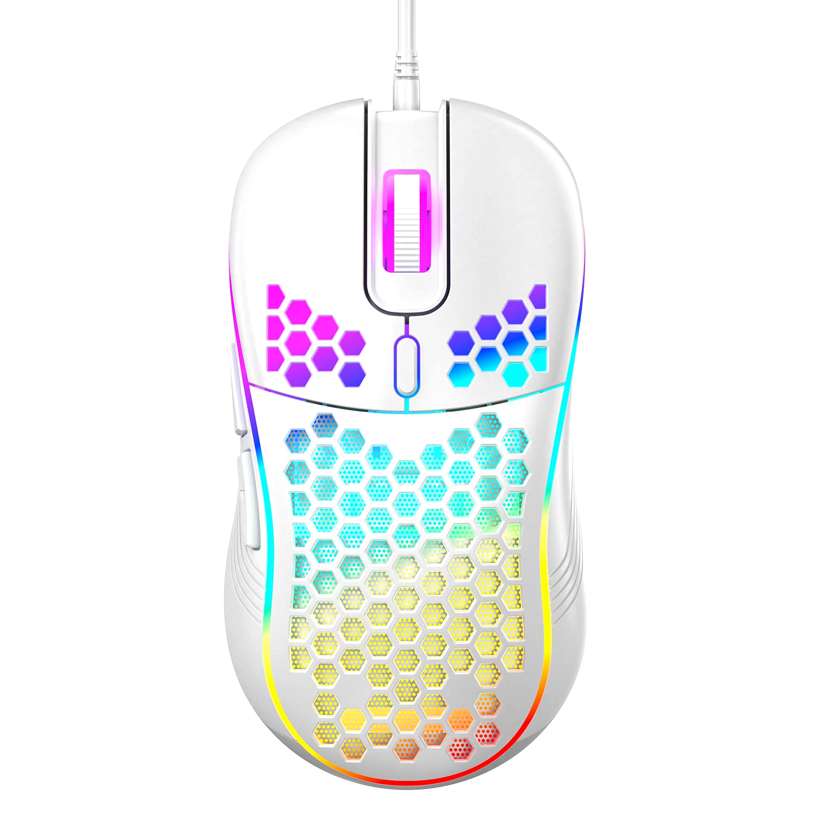 Techsea Honeycomb Wired Gaming Mouse, RGB Backlight, 7200 DPI, Ergonomic, Lightweight, Ceramic White