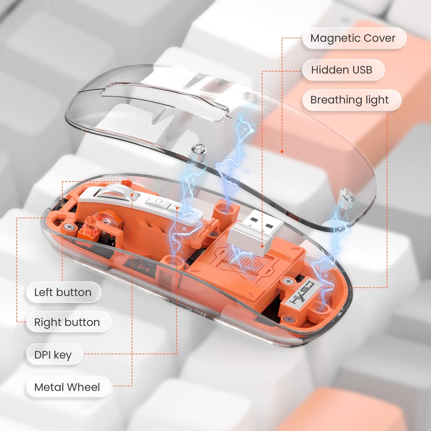 A.JAZZ T900 Mini Wireless Bluetooth Mouse - Rechargeable, Silent, Transparent Orange for PC/Mac/Laptop