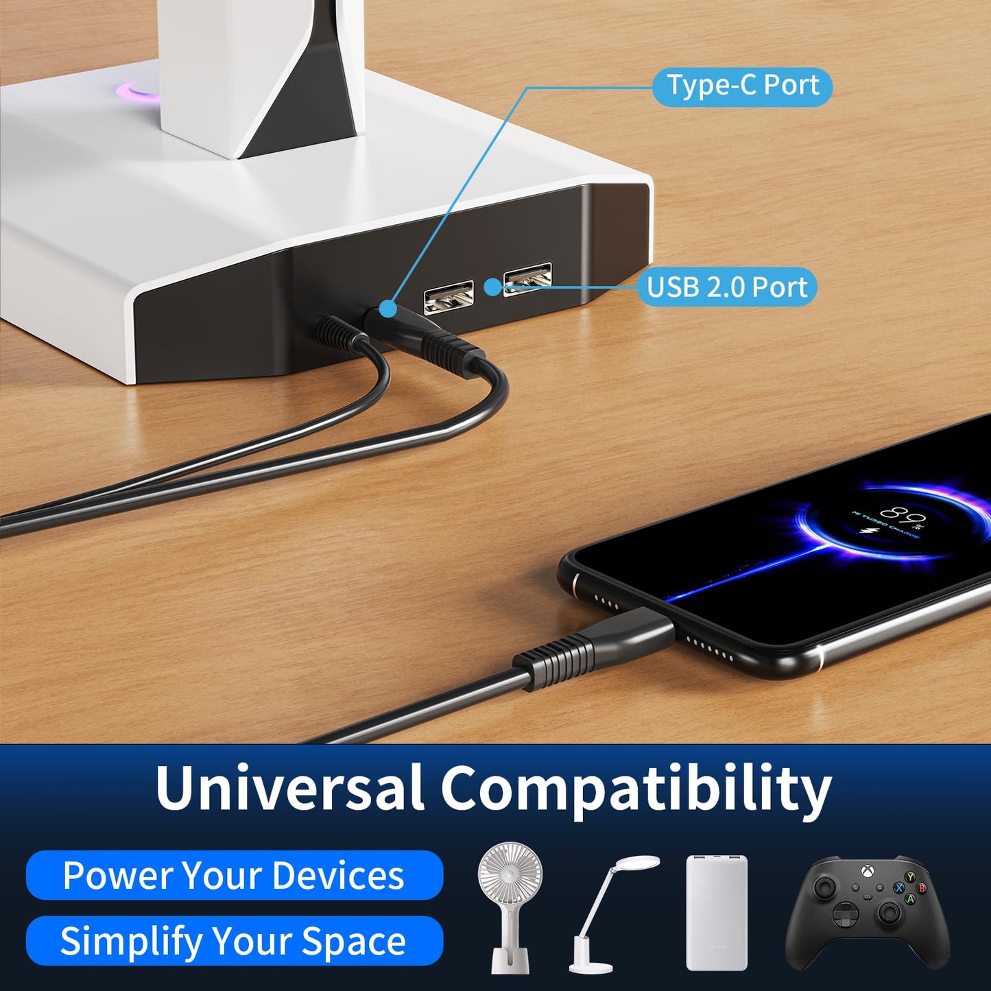 Meiboshin RGB Headphone Stand - Desk Gaming Headset Holder with USB & Type-C Ports, Rotatable, White, Model MBX-J101D