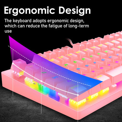 LexonElec K2 Mechanical Gaming Keyboard & Mouse Combo, 82 Keys, Blue Switch, Rainbow LED, Pink, Lightweight, 6400DPI Optical Mouse