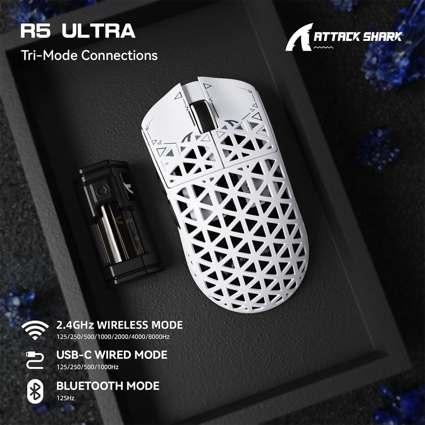 ATTACK SHARK R5 Ultra Wireless Gaming Mouse - 39g Superlight, 42K DPI, Carbon Fiber, White, BT/2.4G/USB-C