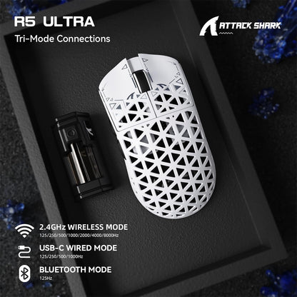 ATTACK SHARK R5 Ultra Wireless Gaming Mouse - 39g Superlight, 42K DPI, Carbon Fiber, White, BT/2.4G/USB-C