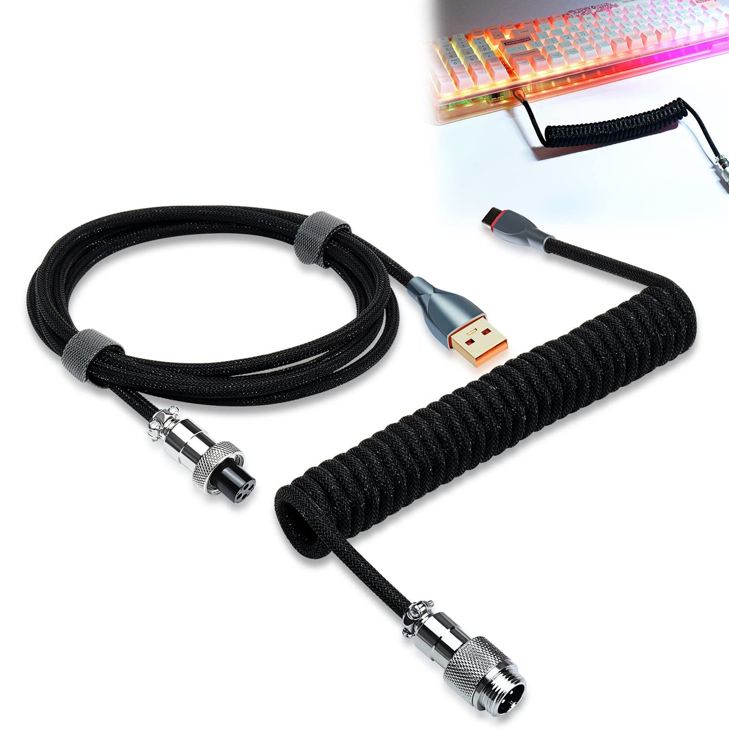 UCINNOVATE Coiled Keyboard Cable  Pro Custom Coiled USB C Cable for Gaming Keyboard  Double-Sleeved Mechanical Keyboard Cable with Detachable Metal Aviator  1.8M USB-C to USB-A (Black)