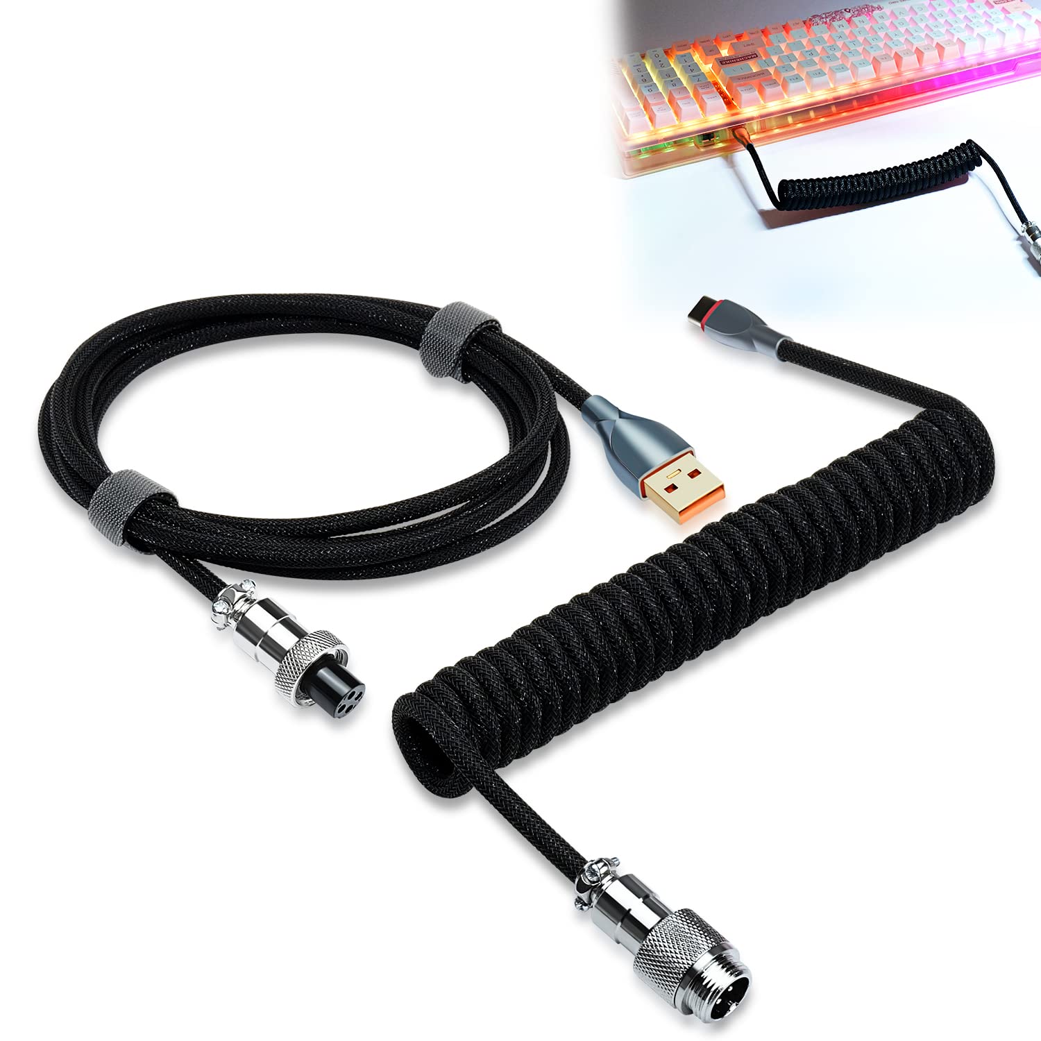 UCINNOVATE Coiled Keyboard Cable  Pro Custom Coiled USB C Cable for Gaming Keyboard  Double-Sleeved Mechanical Keyboard Cable with Detachable Metal Aviator  1.8M USB-C to USB-A (Black)