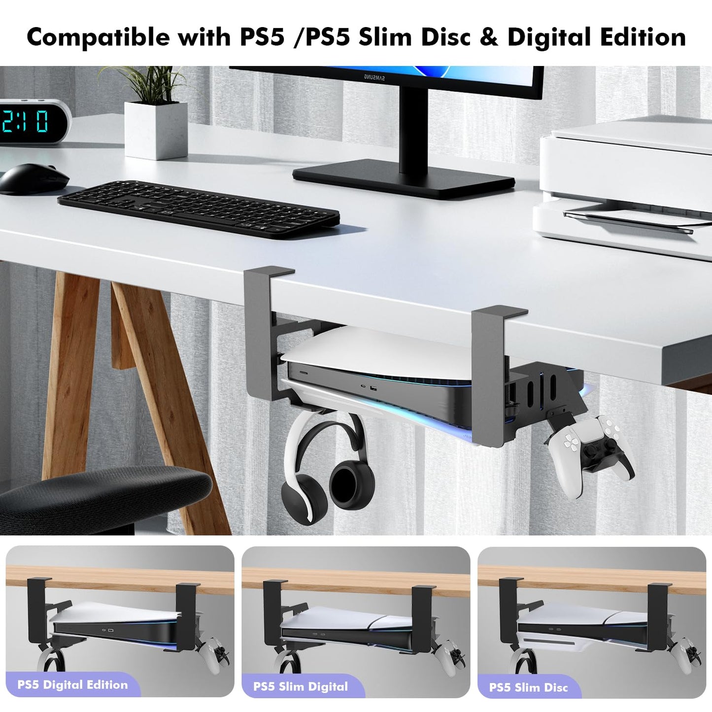 Semaiki Under Desk Mount for PS5/PS5 Slim/Pro - Black Horizontal Stand Compatible with Disc & Digital Editions