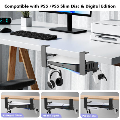 Semaiki Under Desk Mount for PS5/PS5 Slim/Pro - Black Horizontal Stand Compatible with Disc & Digital Editions