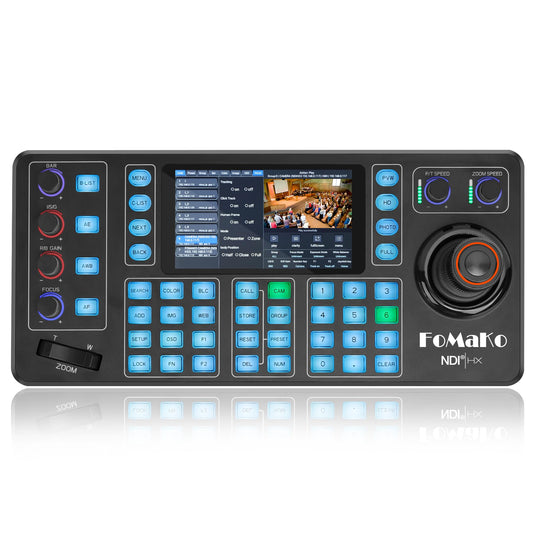 FoMaKo NDI PTZ Camera Controller 3 Preview LCD  PoE NDI Camera Controller Keyboard with 4D Joystick for Church Live (NDI License Included) KC608N