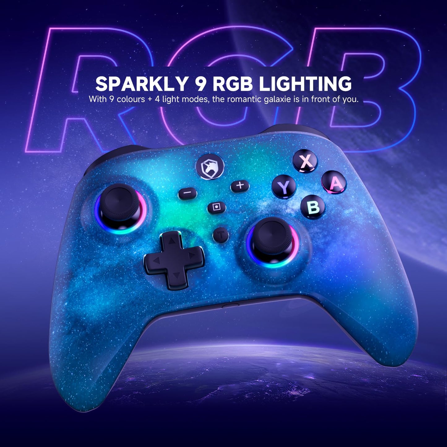 ECHTPower ES01PE Wireless Controller - Bluetooth, RGB, 1000mAh, Turbo, Vibration - Starry Sky Blue, Compatible with Switch/Switch 2/PC/iOS/