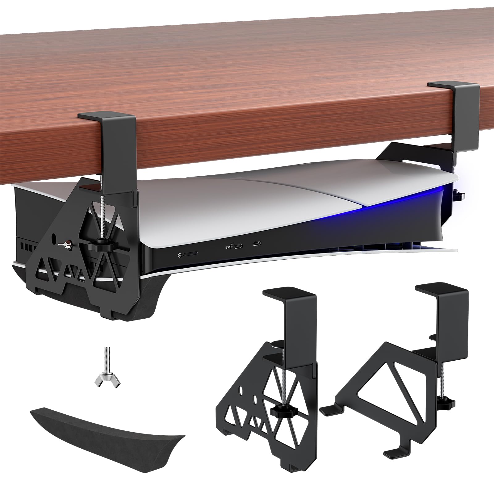 Hosanwell PS5 Under Desk Mount - No-Drill Clamp for PS5 & PS5 Slim, Model HOS-PS5, Includes Clamps, Screws, EVA Foam