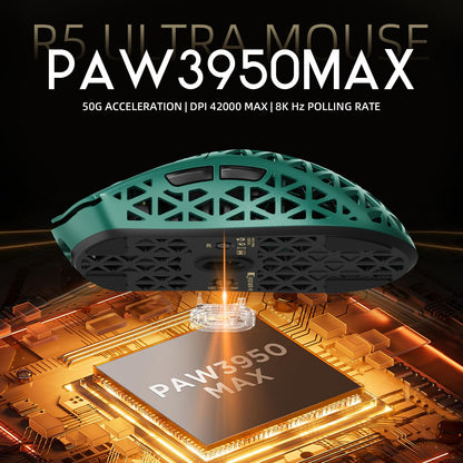 ATTACK SHARK R5 Ultra Wireless Gaming Mouse, 39g Superlight, 8K Polling, 42K DPI, Tri-Mode, Coiled Cable, Green