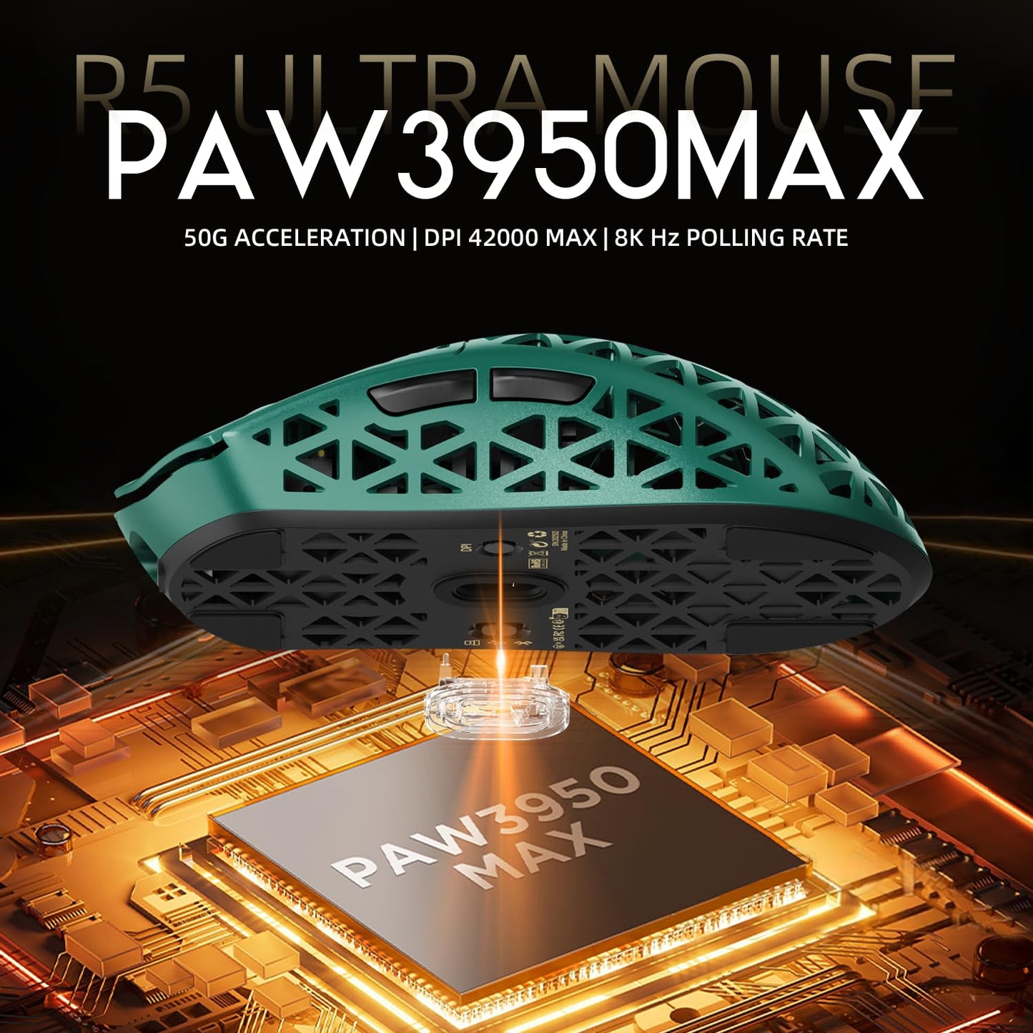 ATTACK SHARK R5Ultra 8K Wireless Gaming Mouse - 42000 DPI, 39g Lightweight, Green, Wired/BT/2.4GHz, PAW3950 MAX Sensor