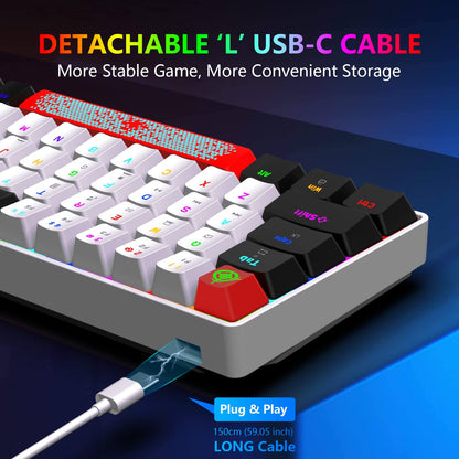 FELICON 60% Wired Mechanical Keyboard, RGB Backlight, Compact 68 Keys, Anti-Ghost, Type-C, White Black & Blue Switch
