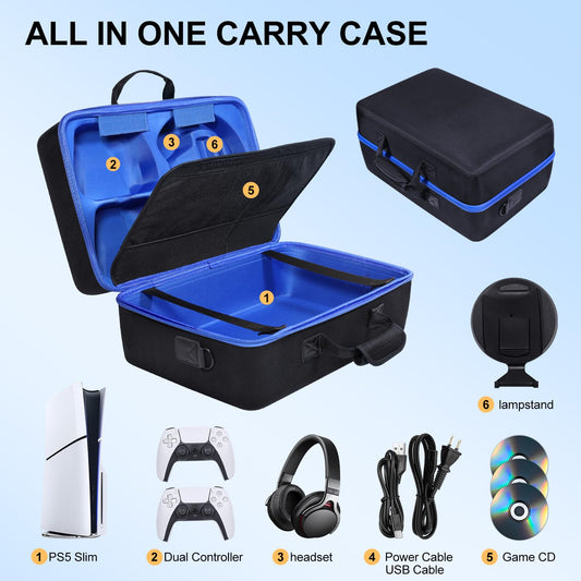 ZORETCO PS5 Slim Carrying Case - Hard Shell Travel Bag for PS5 Slim Console, Controllers, Black Blue