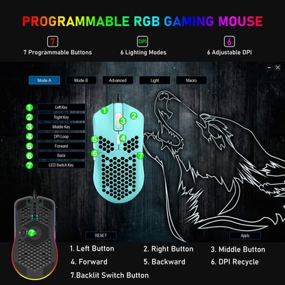ZIYOU LANG M1 Wired Gaming Mouse - 6400DPI, 6 RGB Backlit, 7 Programmable Buttons, Ultralight Honeycomb Shell, Green