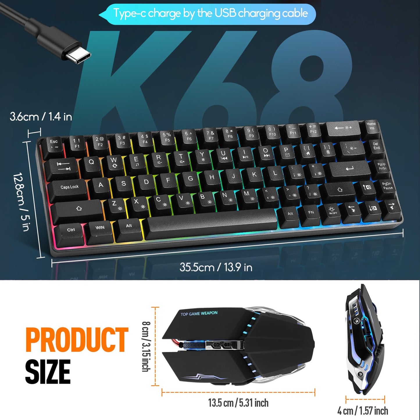 Guiheng Wired 60% Gaming Keyboard and Mouse Combo, RGB Backlit, 3200 DPI, Ultra-Compact, Black