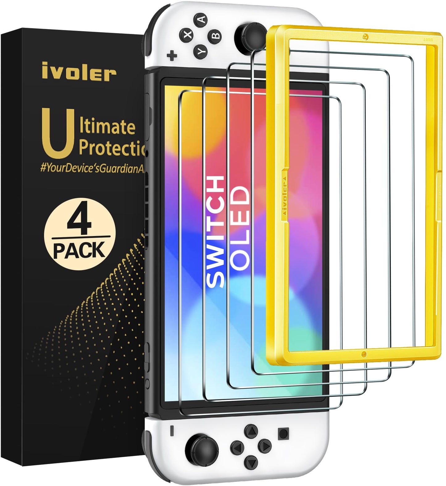 ivoler 4-Pack Tempered Glass Screen Protector Designed for Nintendo Switch OLED Model 2021&2023 with [Alignment Frame] Transparent HD Clear[Updated Version] Screen Protector for Switch OLED 7