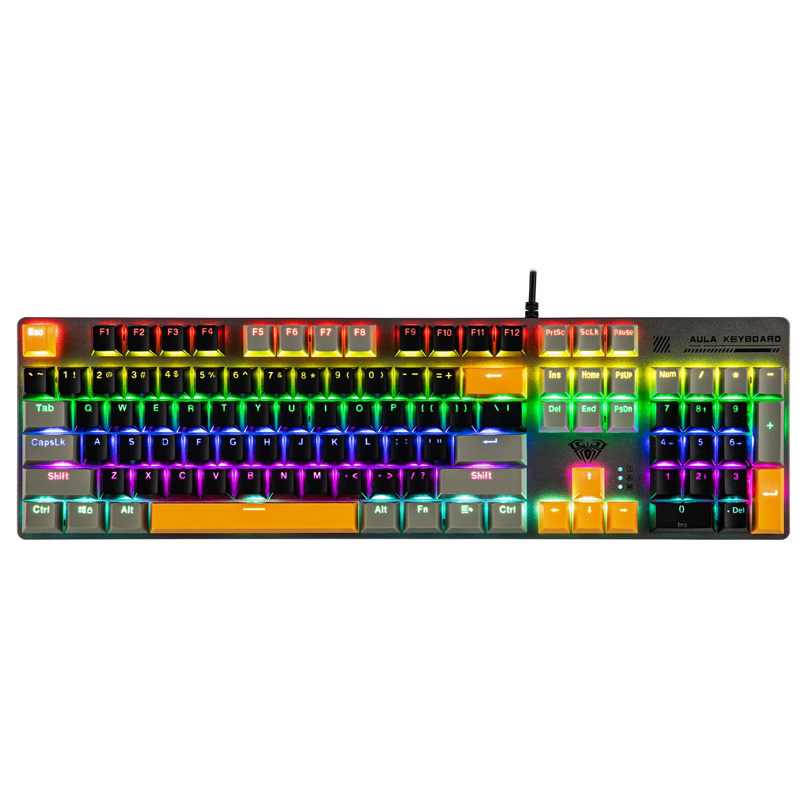 MechLands Aula S500 Wired Gaming Keyboard  100% Full Size Mechanical Keyboard with Number Pad  104 Keys  NKRO  RGB Backlits  Shine Through Keycaps  Ergonomic for PC E-Sports (Black&Grey  Blue Switch)