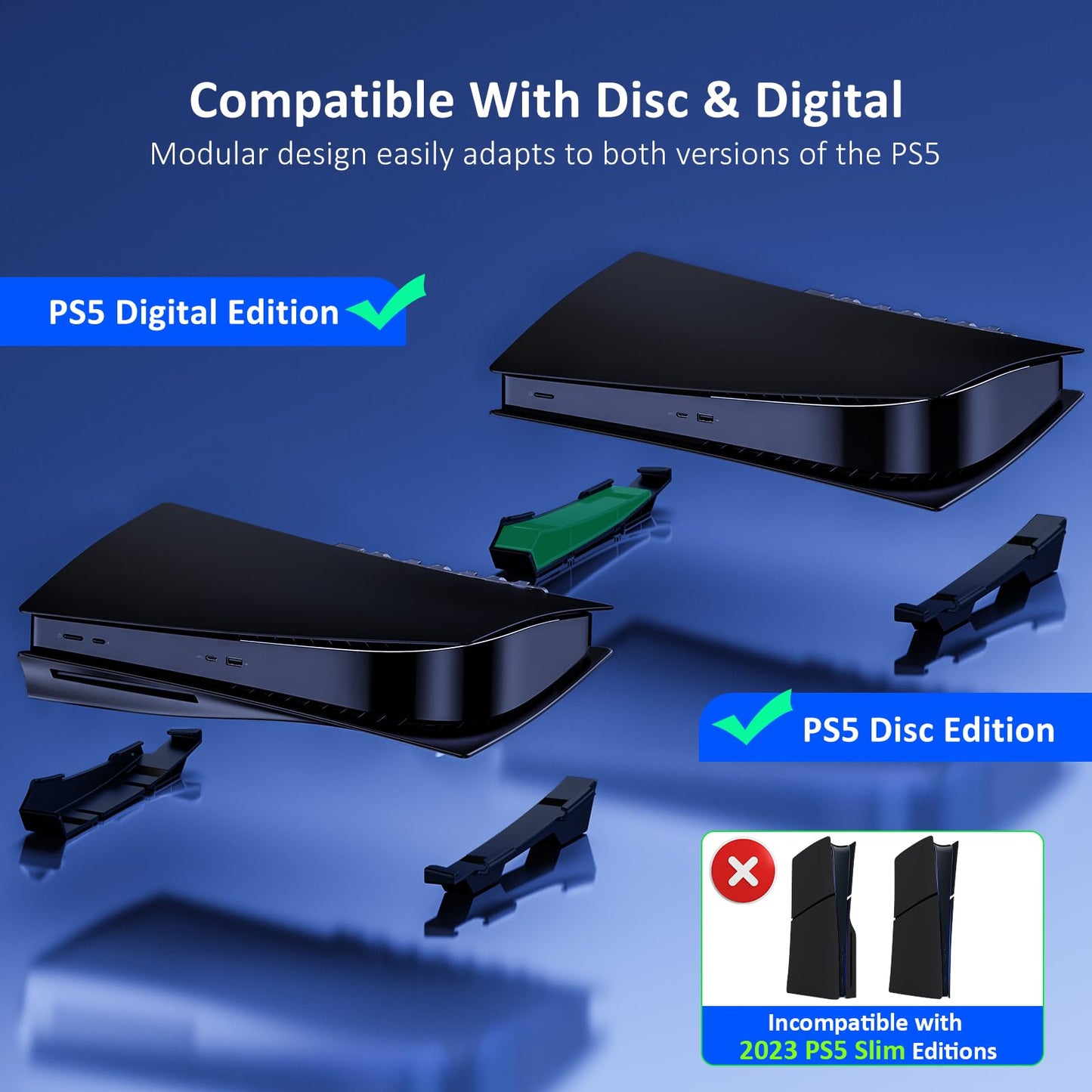 NexiGo PS5 Horizontal Stand with Cooling Fan, USB 3.0, LED Light, Auto Power On/Off, Black, Model 1551S BLK