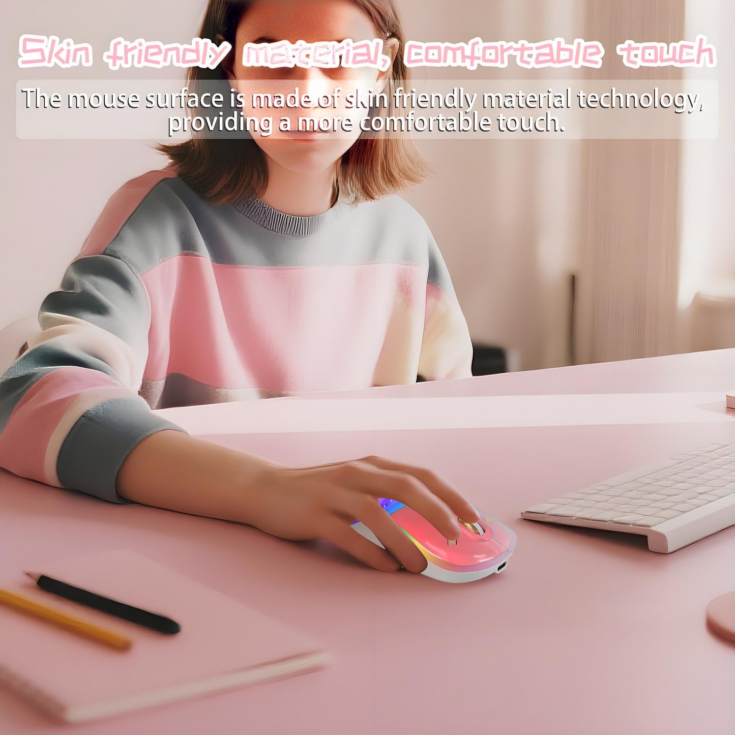 elec Space Wireless Bluetooth Mouse - Rechargeable, Silent, RGB, Ergonomic Design, Pink