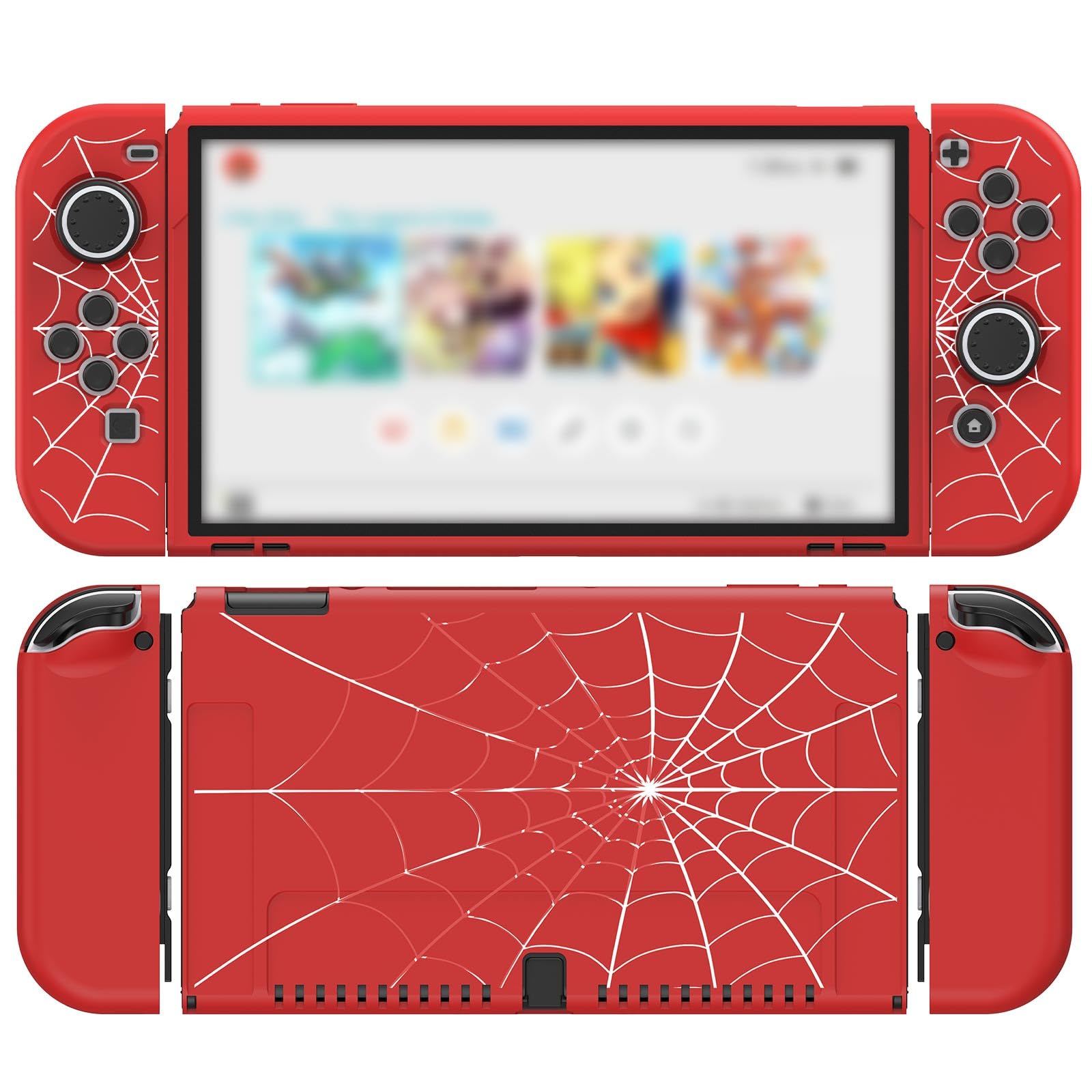 JINGDU Protective Case Compatible with Nintendo Switch OLED 2021  TPU Case Accessory for Switch Console and Grip Joy-Con  Switch Protector with 4 Thumb Grips  Red Spider Web