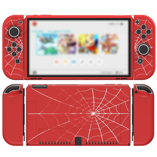 JINGDU Protective Case Compatible with Nintendo Switch OLED 2021  TPU Case Accessory for Switch Console and Grip Joy-Con  Switch Protector with 4 Thumb Grips  Red Spider Web