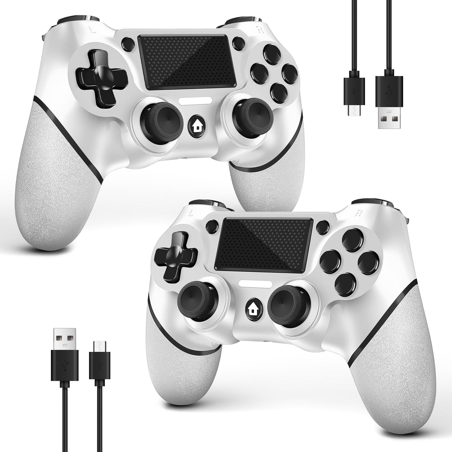 AceGamer Wireless PS4 Controllers - Non-Slip Grip, 2 USB-C Cables, White (2 Pack)