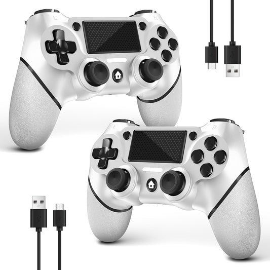 AceGamer Wireless PS4 Controllers - Non-Slip Grip, 2 USB-C Cables, White (2 Pack)