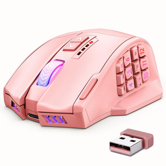 UtechSmart Venus Pro Wireless MMO Gaming Mouse, 16,000 DPI, Ergonomic, Pink, Model US-D16000-WGM, Dual Modes, 16 Programmable Buttons