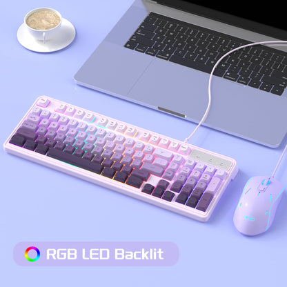 MageGee RGB Backlit Keyboard and Gradient Purple Gaming Mouse Combo, Wired, White Purple