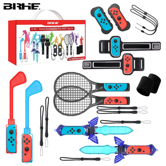 BRHE Nintendo Switch Sports Accessories 12 in 1 Switch Sports Accessories Bundle for Nintendo Switch Sports Games Family Accessories Kit for Switch/OLED Sports Games with Leg Strap Golf Clubs Tennis Rackets decorative item Grips