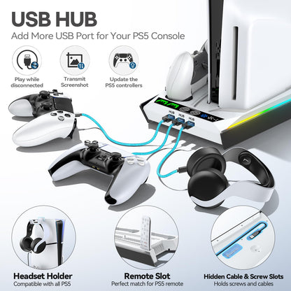 Rysker PS-5 Cooling Stand with RGB Lighting, Controller Charger & 3 USB Ports - Disc & Digital Version - White & Black