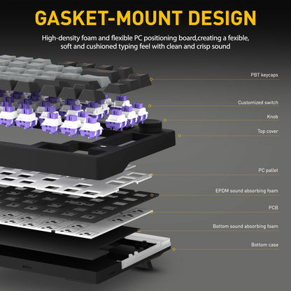 DAREU EK75PRO Wireless Mechanical Gaming Keyboard, RGB, 75%, Hot-Swappable, Gasket Mount, Grey & Black, HIFI Dream Switch