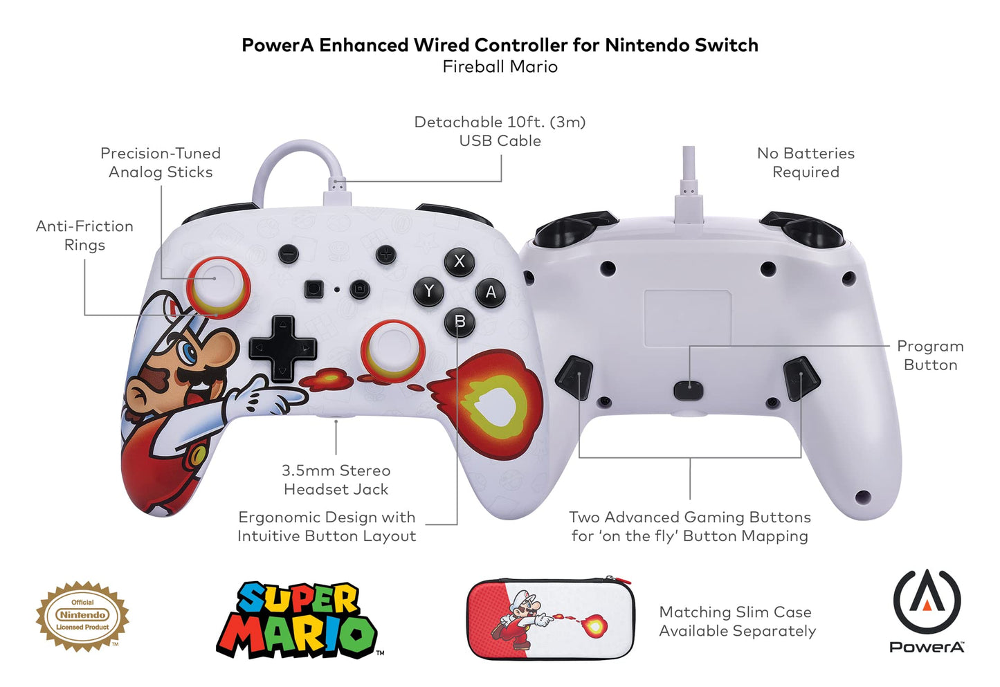PowerA Enhanced Wired Gaming Controller for Nintendo Switch - Fireball Mario, Multicolor, Officially Licensed