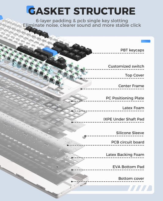 DAREU EK87 PRO Wireless Mechanical Keyboard, TKL, RGB, Hot-Swappable, Cloud Switch, White Blue