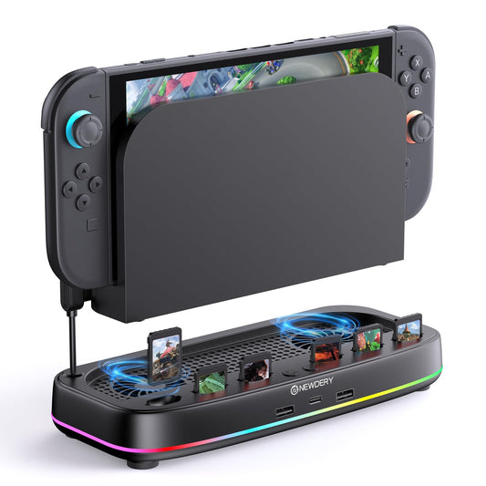 NEWDERY Cooling Fan for Nintendo Switch 2 Dock with Dual Fans  3 Adjustable Speeds  RGB Light Modes  6 Game Card Slots & 3 USB Ports  Heat Dissipation Base for Switch 2 Console