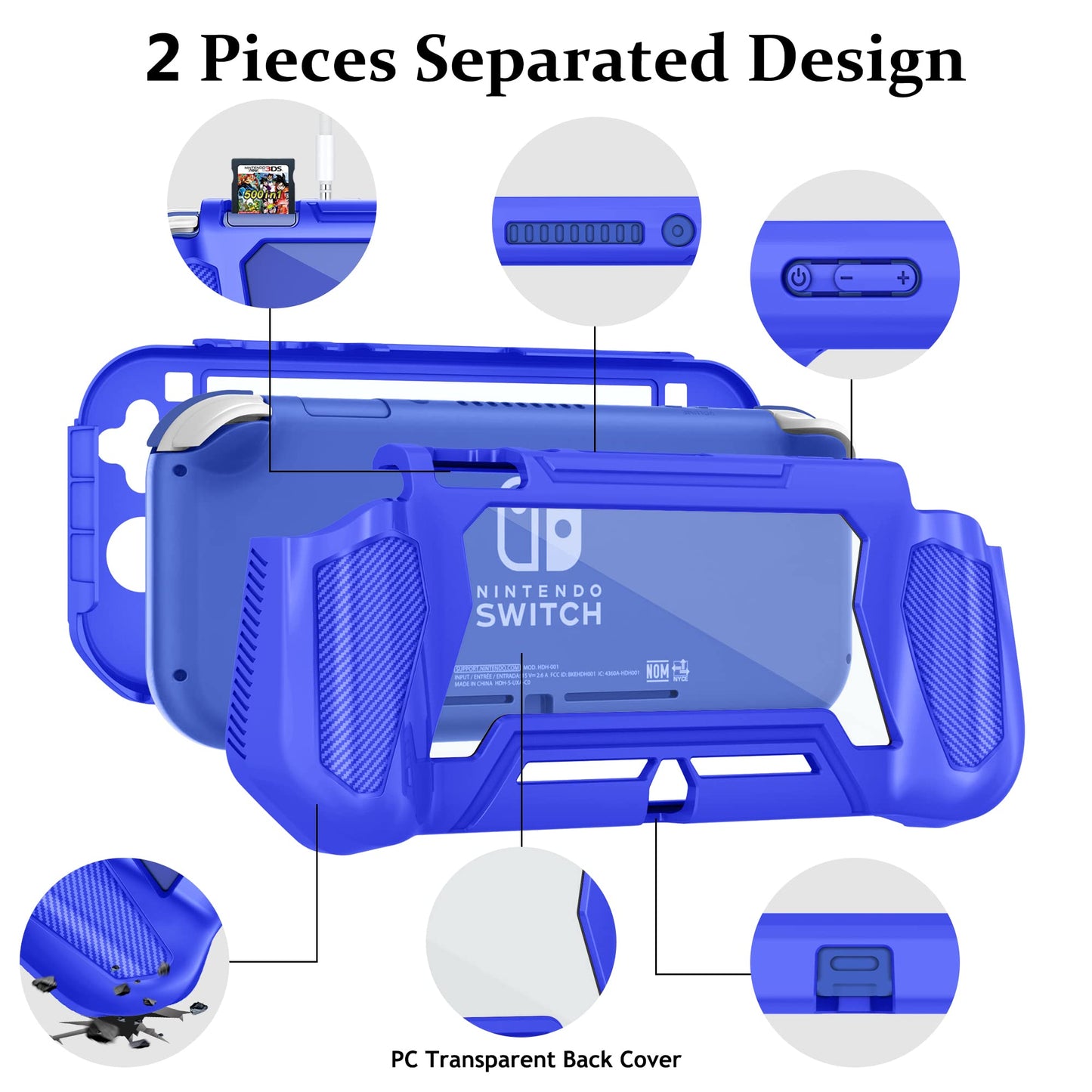 Kailfee Protective Case for Nintendo Switch Lite - TPU Shock-Absorption, Anti-Scratch, with Screen Protector & Thumb Grip Caps, Navy Blue