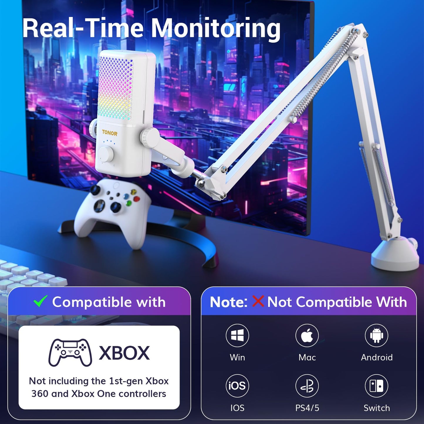TONOR Gaming Mic TCX3+ - RGB Streaming Boom Mic, 30H Battery Life, Low Noise, White, 16.14x5.67x5.04IN