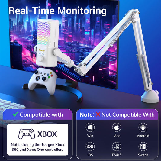 TONOR Gaming Mic TCX3+ - RGB Streaming Boom Mic, 30H Battery Life, Low Noise, White, 16.14x5.67x5.04IN