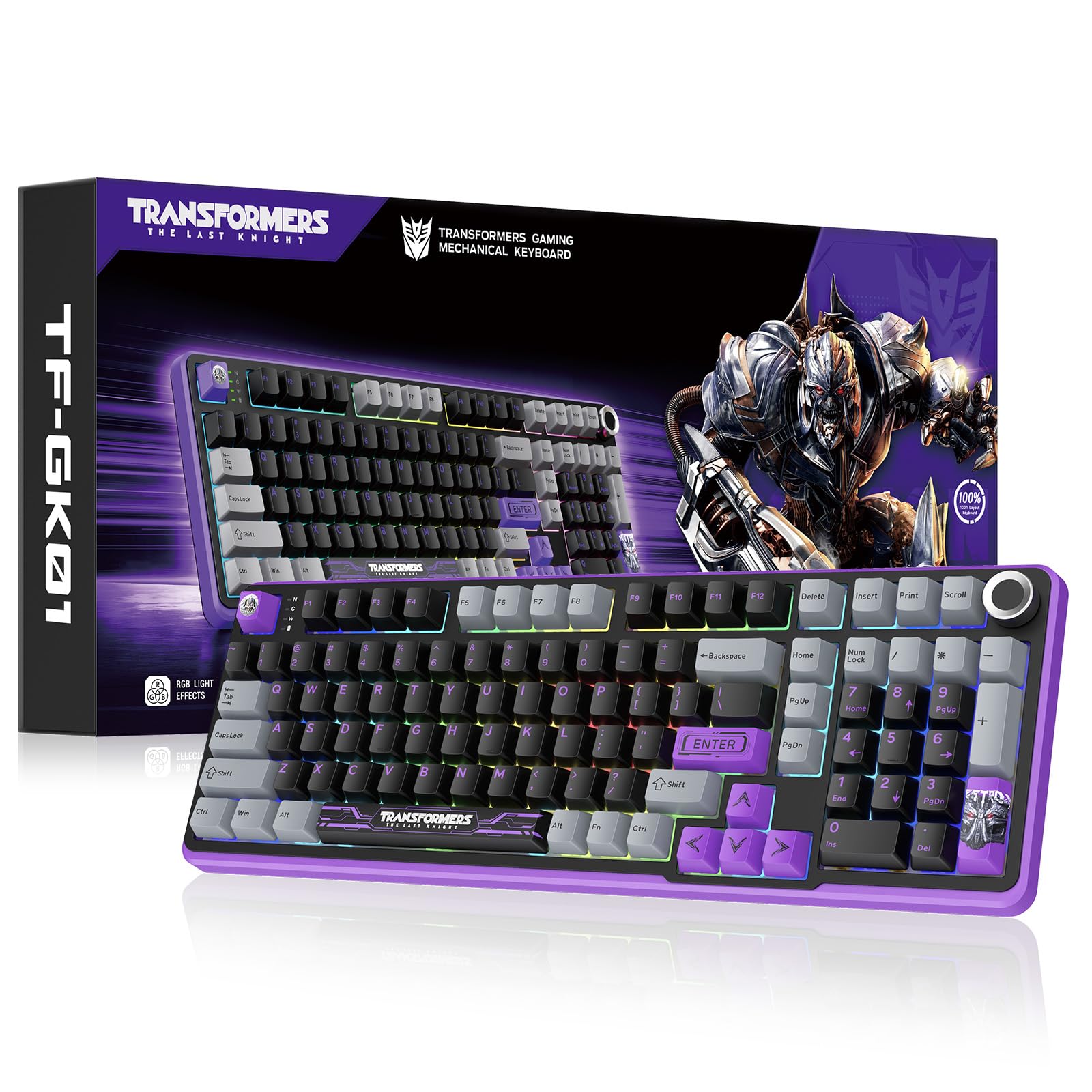 Transformers GK01 Wireless Mechanical Keyboard with Knob 101 Keys RGB Creamy Gaming Keyboard  BT5.0/USB-C/2.4GHz Pre-lubed Linear Switches Hot Swappable Custom Computer Keyboards(Megatron Black)
