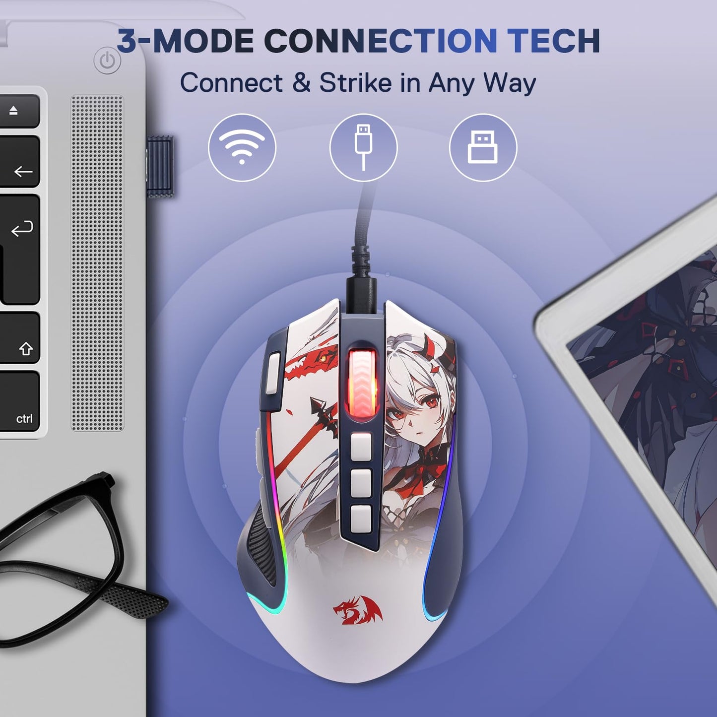 Redragon M612AK PRO RGB Gaming Mouse - 8000 DPI, 9 Programmable Buttons, Wireless & Wired, Anime Version