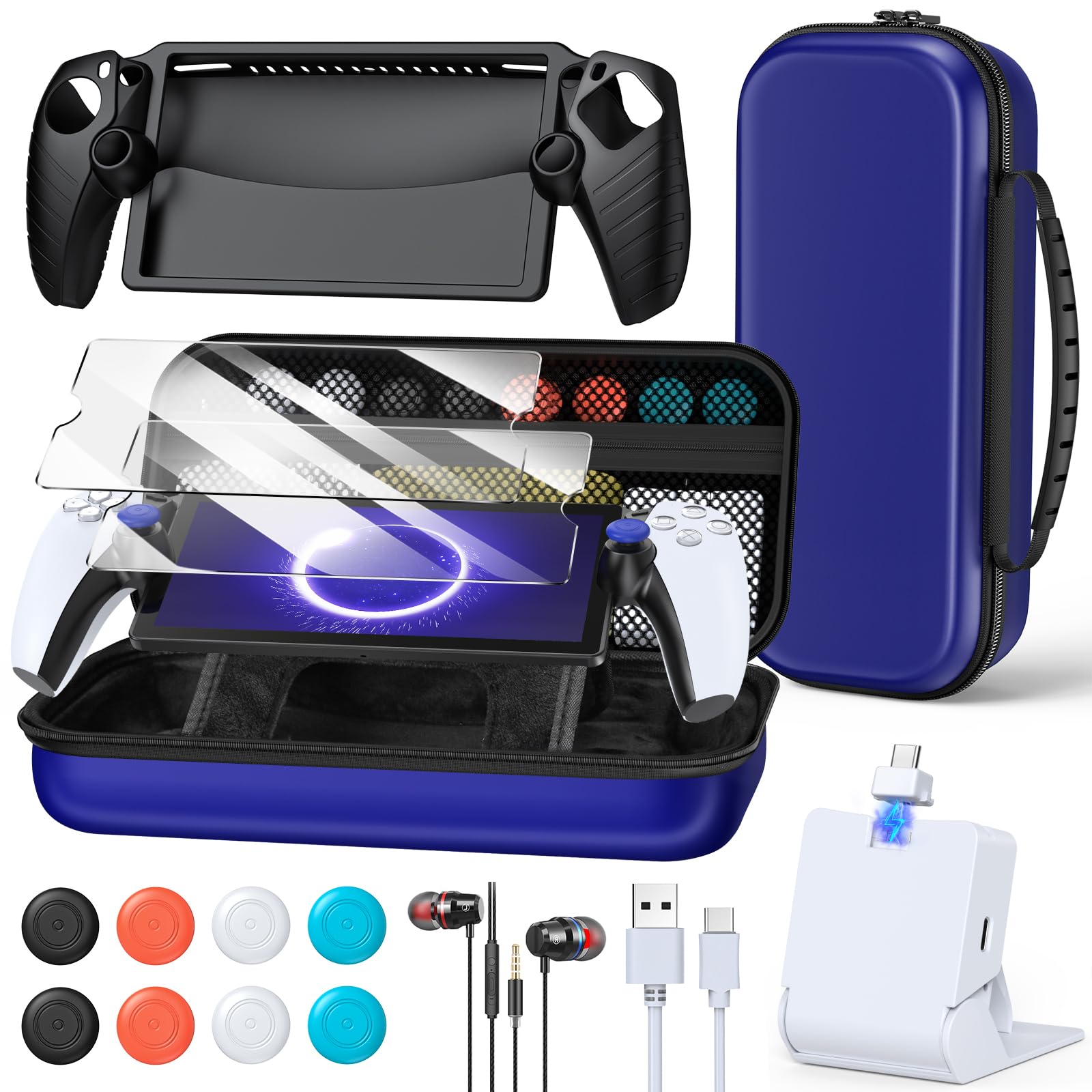 FYOUNG Accessories Kit for PlayStation Portal  Carrying Case Bundle and Magnetic Portable Charger for PS5 Portal with Protective Case  2 Screen Protectors  Wired Headphone  8 Thumb Grips (Blue)