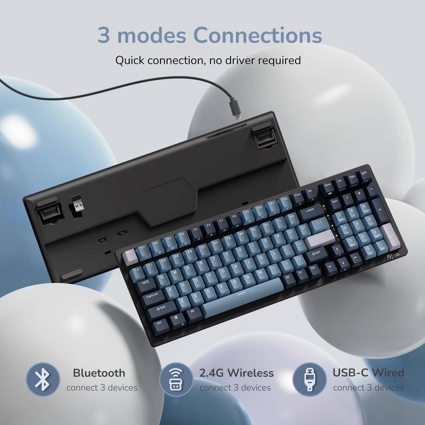 RK ROYAL KLUDGE RK98 Wireless Mechanical Keyboard - Hot Swappable, RGB Backlit, 2.4G/BT5.1/USB-C, Blue, Brown Switches